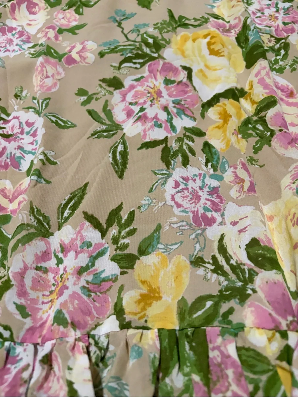 Susan Graver Beige Maxi Skirt with Yellow & Pink Floral Print- NWOT